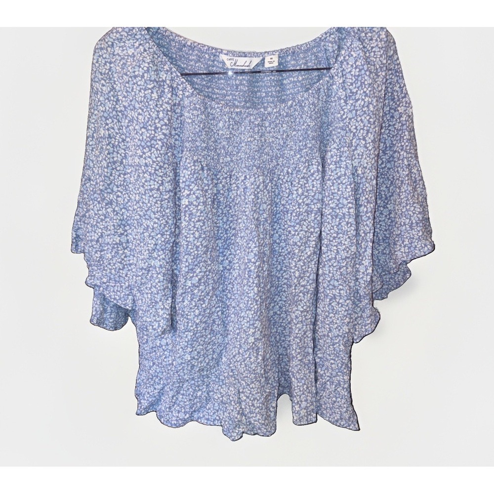 Cafe Marrakesh Women's 1x Smocked Neck Ruffle Sleeve Bohemian Floral Top Shirt